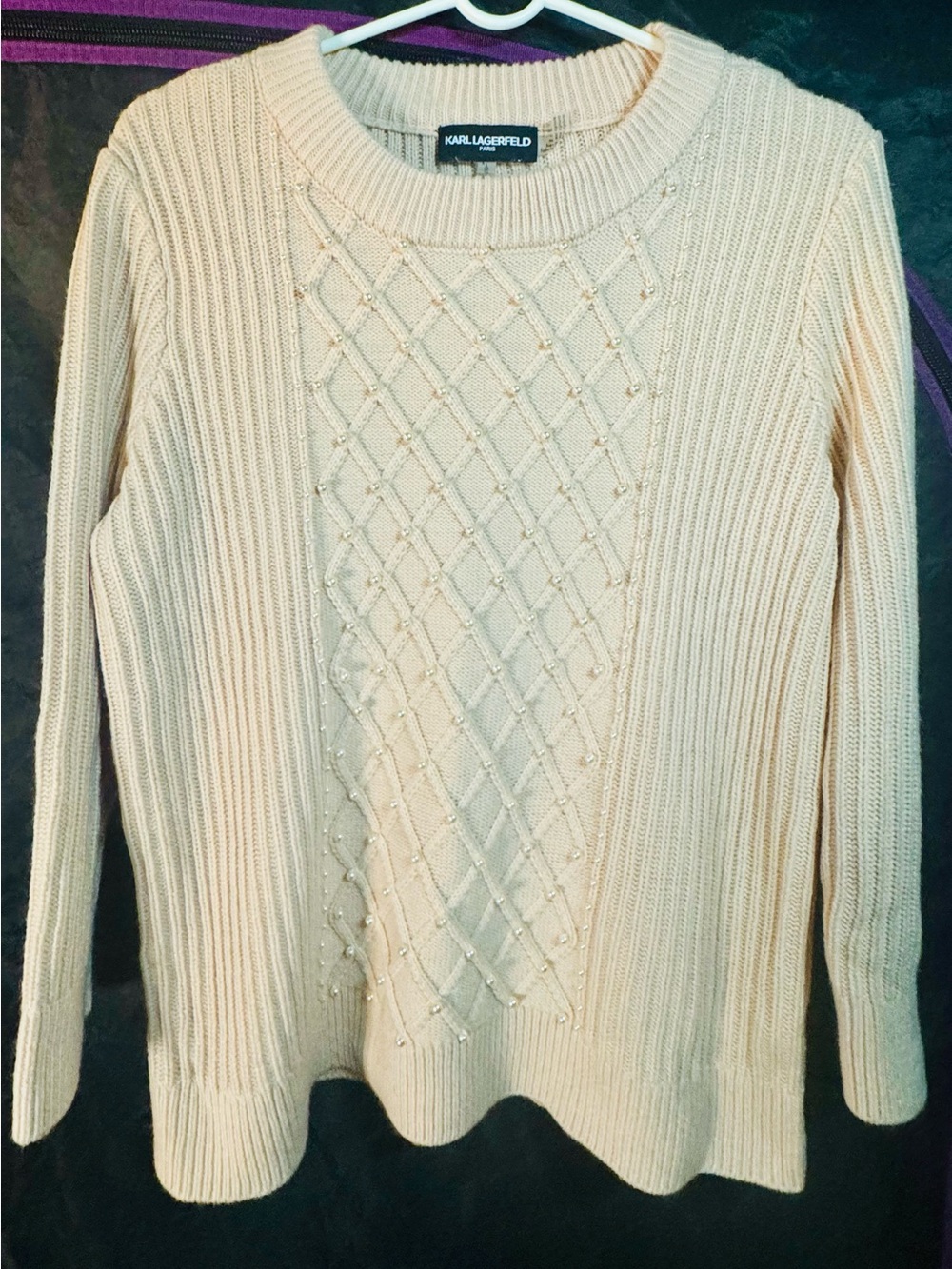 Karl Lagerfeld Beige Cable-Front Crewneck Sweater